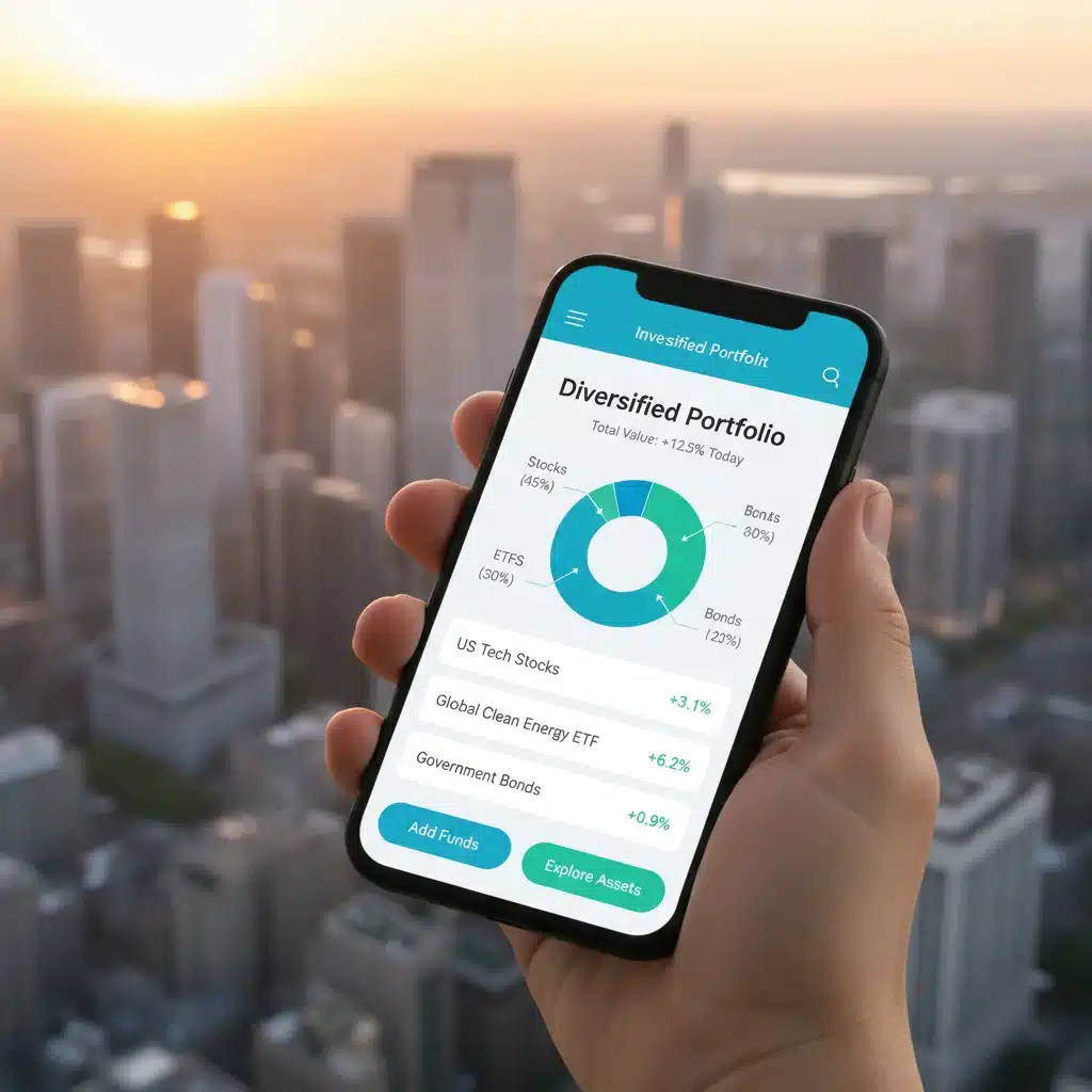 Smartphone displaying an intuitive investment app with a diversified portfolio, illustrating easy access to investment opportunities for new investors.
