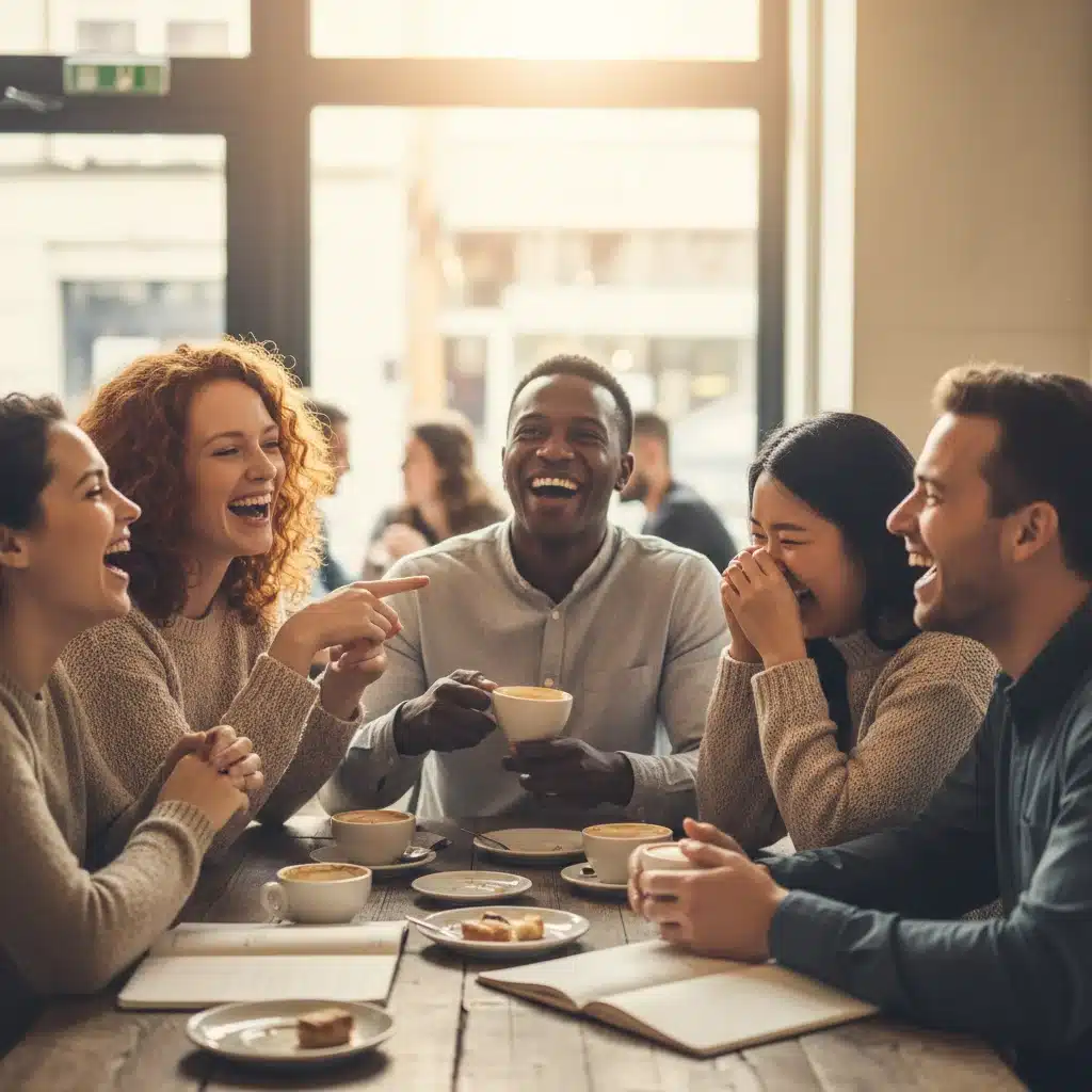Diverse friends laughing and enjoying social connection at a coffee shop