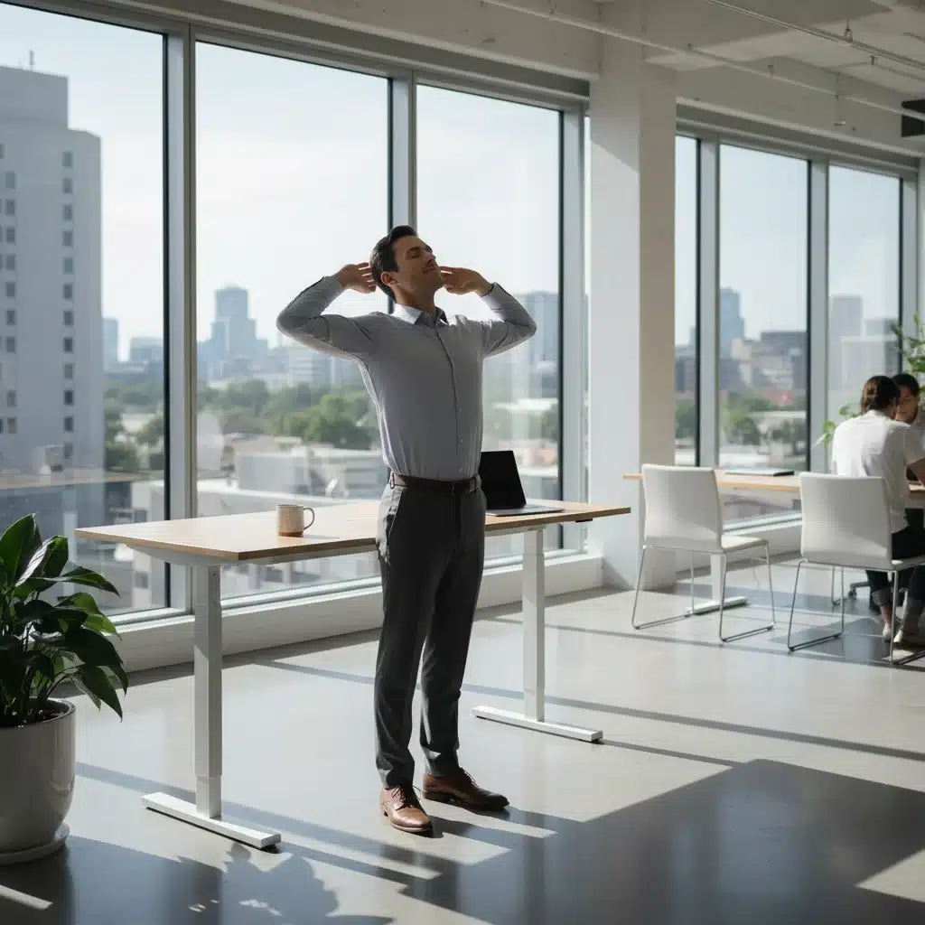Employee doing a chest opener stretch standing at desk