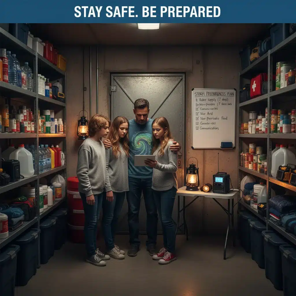 Family in a safe room with emergency kit, preparing for severe weather conditions.