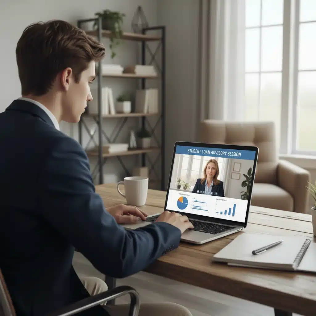 Student discussing loan repayment strategies with a financial advisor via video call