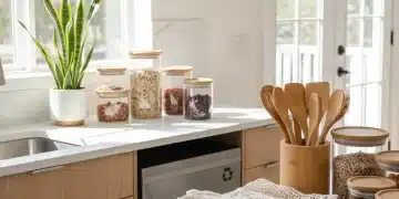 Eco-friendly kitchen with reusable items and plants, symbolizing sustainable living 2026.