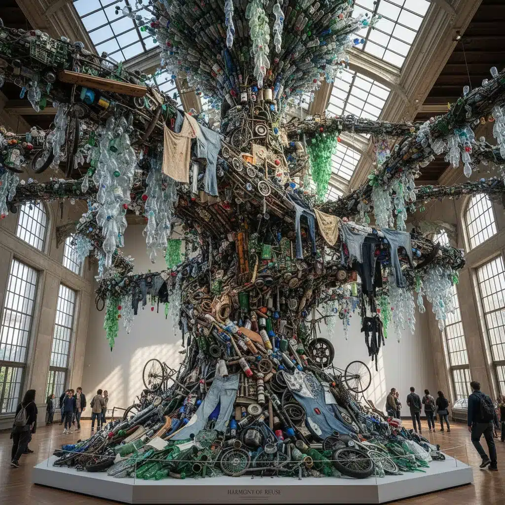 Large-scale sustainable art installation created from recycled materials, emphasizing eco-consciousness.