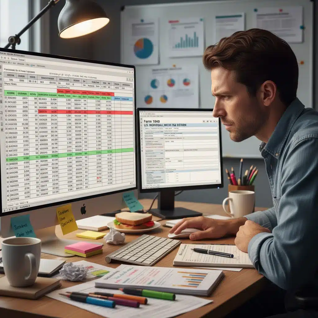 Individual analyzing tax forms and financial data on a computer for future planning