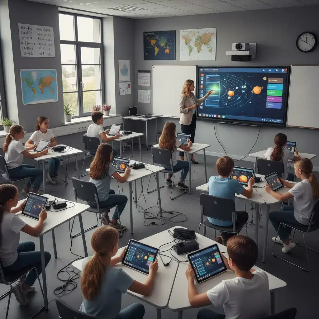 Teacher and students using interactive technology in a classroom setting.