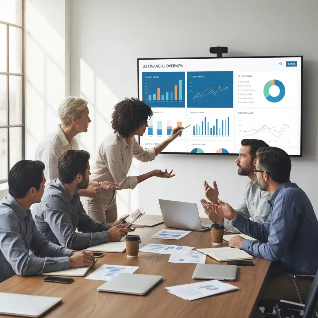Small business team collaborating using integrated accounting software reports