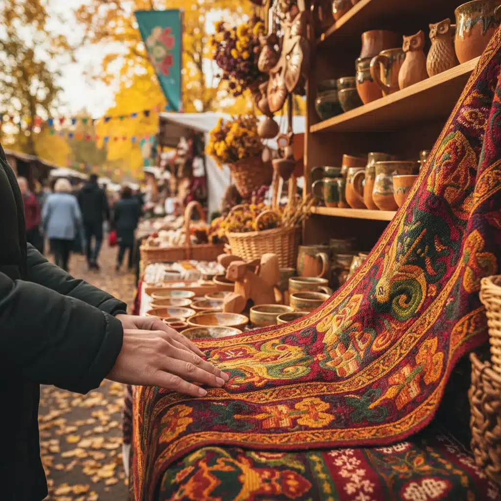 Intricate traditional crafts displayed at an outdoor market stall during a fall festival.