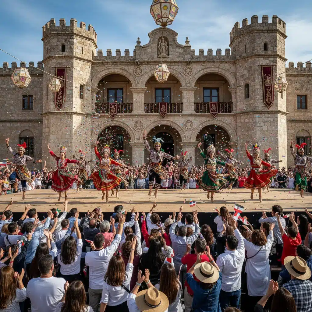Lively traditional dance performance with elaborate costumes at a national festival.