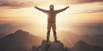 Person triumphantly standing on mountain peak at sunrise, symbolizing personal resilience and strength.