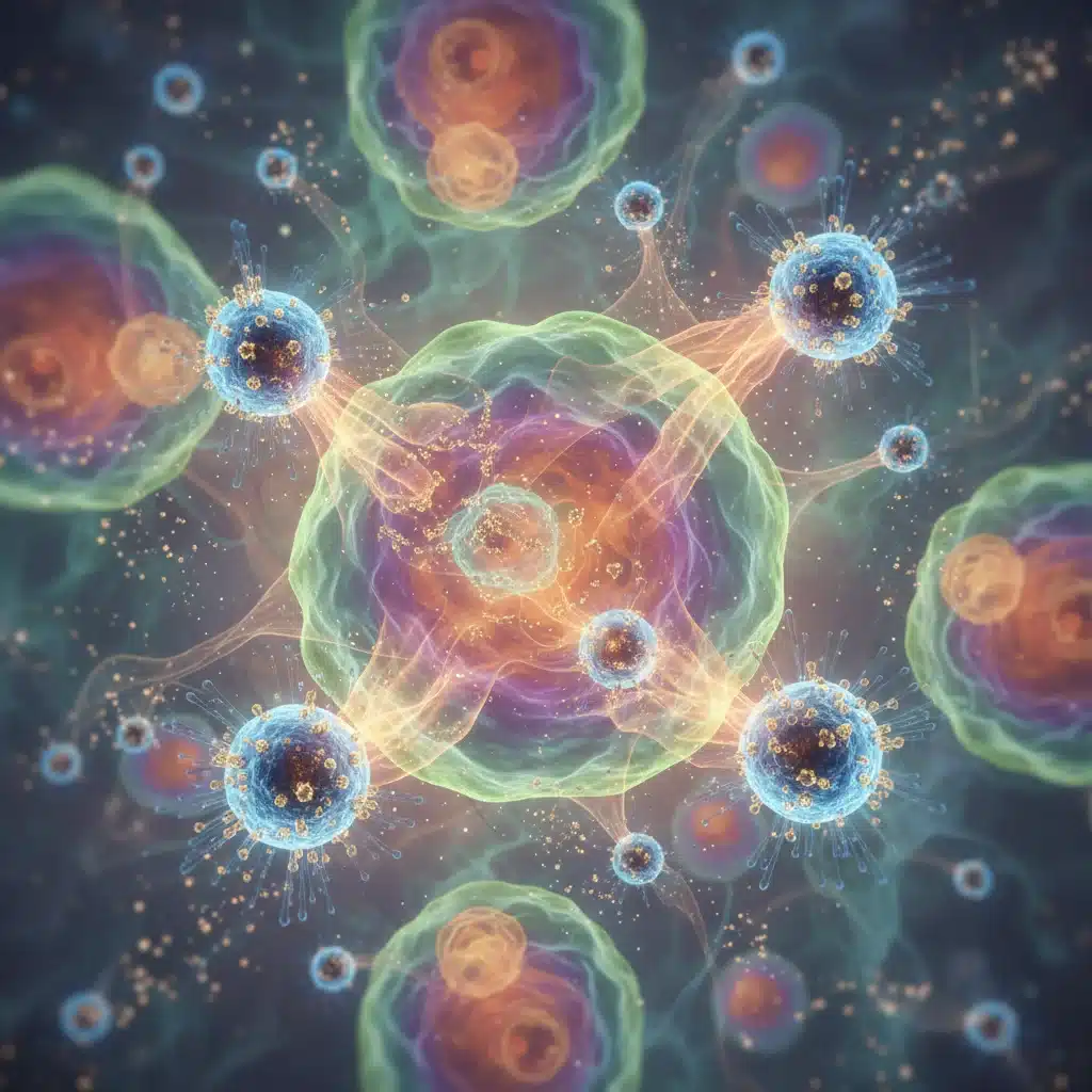 Microscopic view of exosomes interacting with skin cells, representing advanced cellular regeneration in skincare.