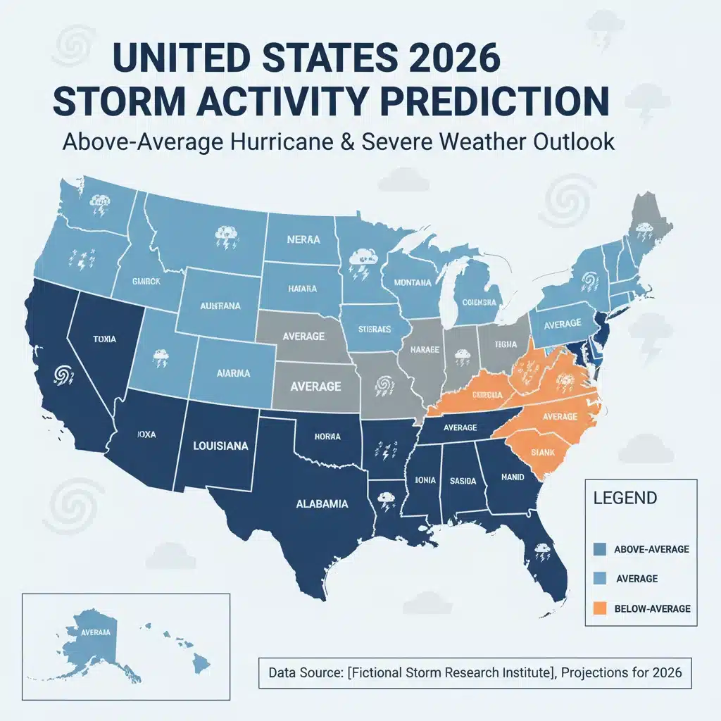 Map of the US showing regional severe weather predictions for 2026, highlighting areas of increased storm risk.
