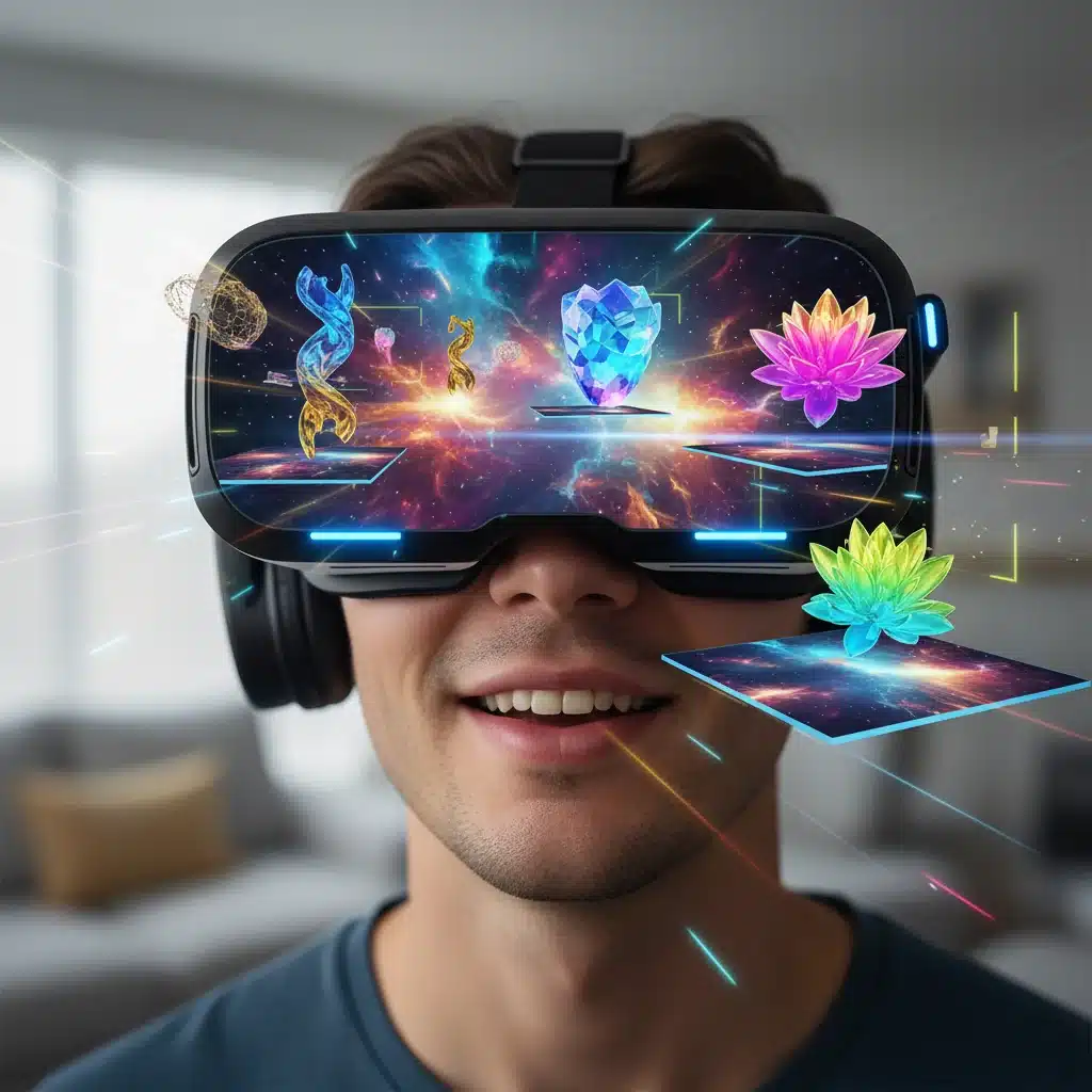 Person experiencing a virtual reality art exhibition, showcasing immersive digital art consumption.