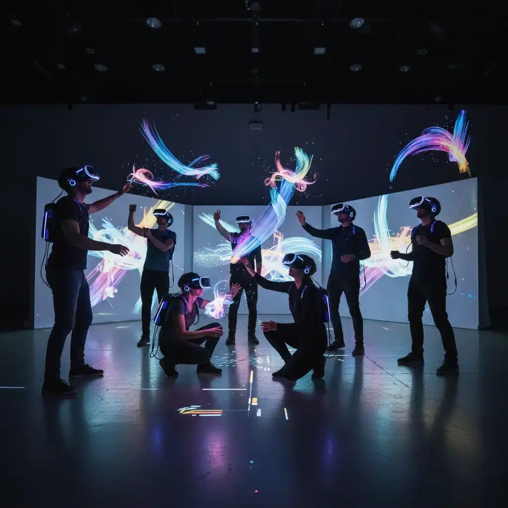 People wearing VR headsets experiencing an immersive virtual reality art installation.