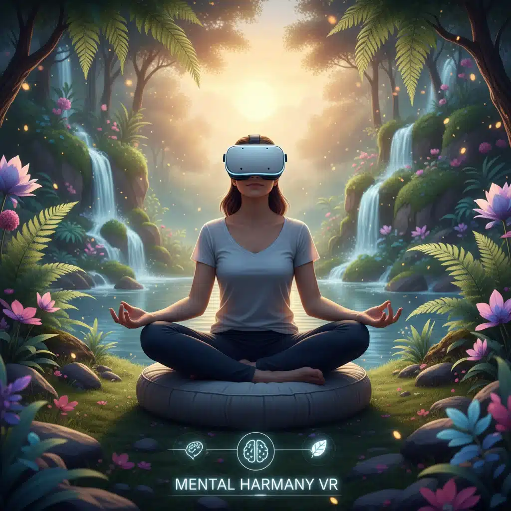 Person meditating with VR headset for mental well-being