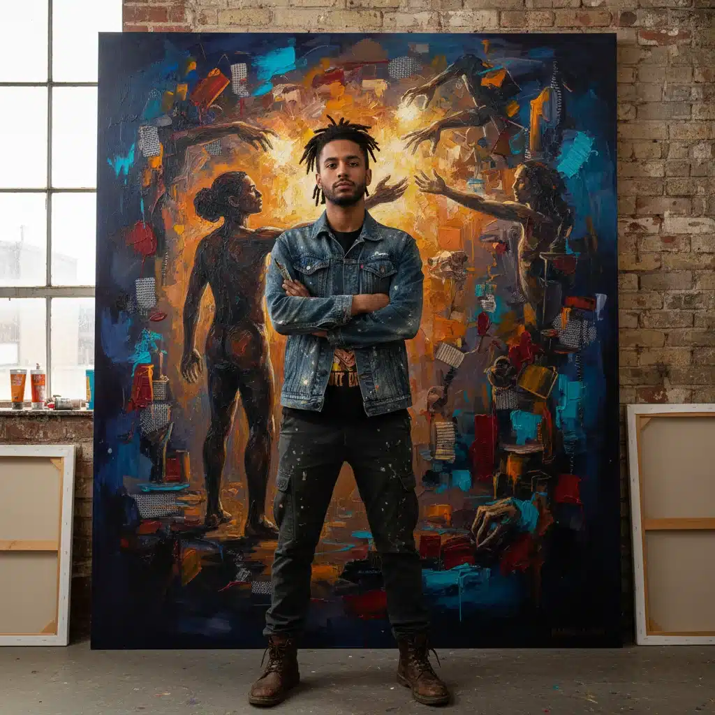 Portrait of a young American artist in front of their distinctive figurative painting, conveying narrative and unique style.