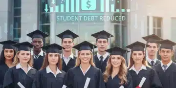 Graduates looking at financial charts, representing reduced student loan payments in 2026.