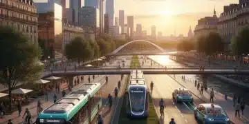 Aides Mobilité France 2026 : Jusqu'à 400€ pour Transports Durables Illustration des aides à la mobilité en France, avec des transports en commun et des voitures de covoiturage dans un environnement urbain moderne.