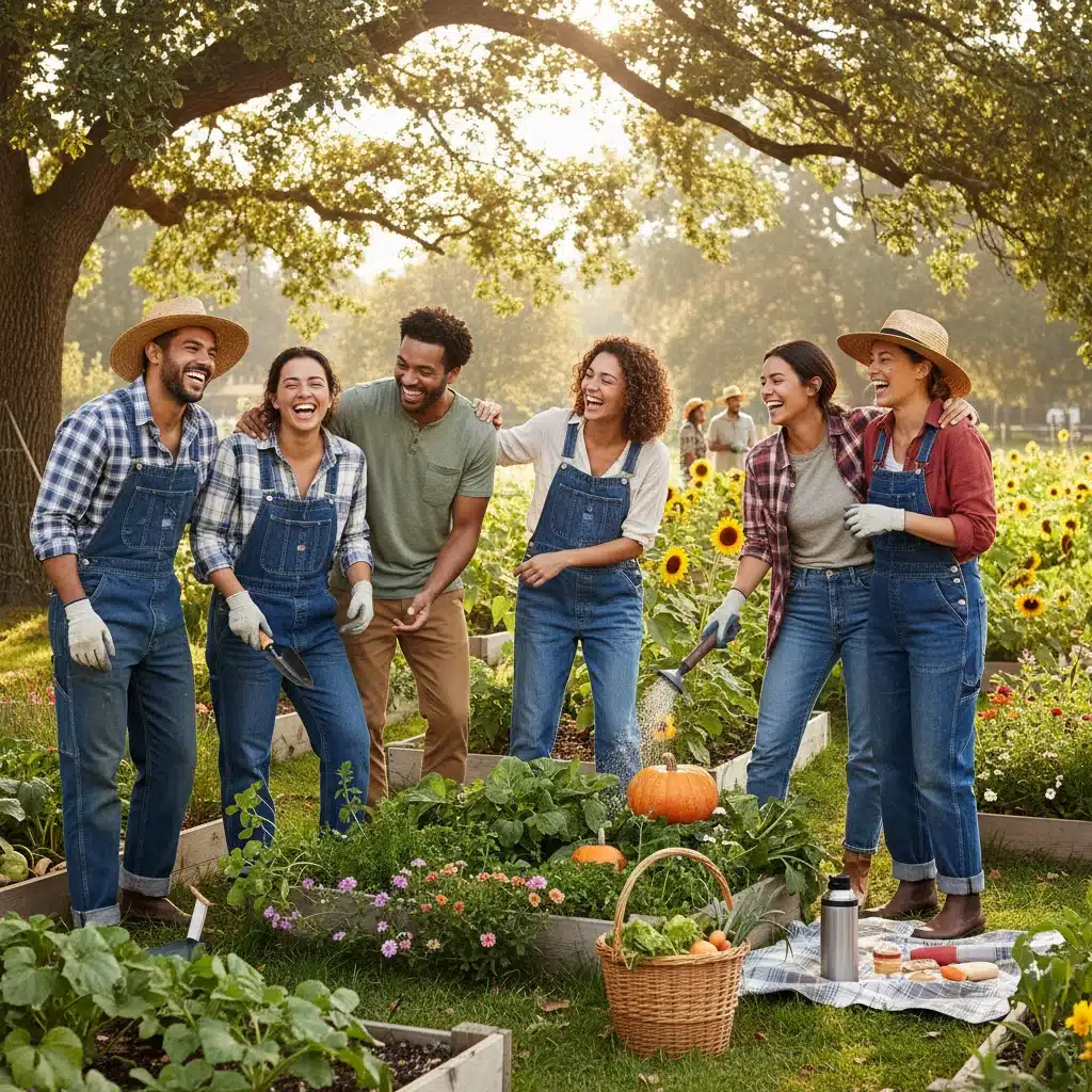 Groupe d'amis riant et profitant d'une activité de plein air, symbolisant le bien-être social et physique.