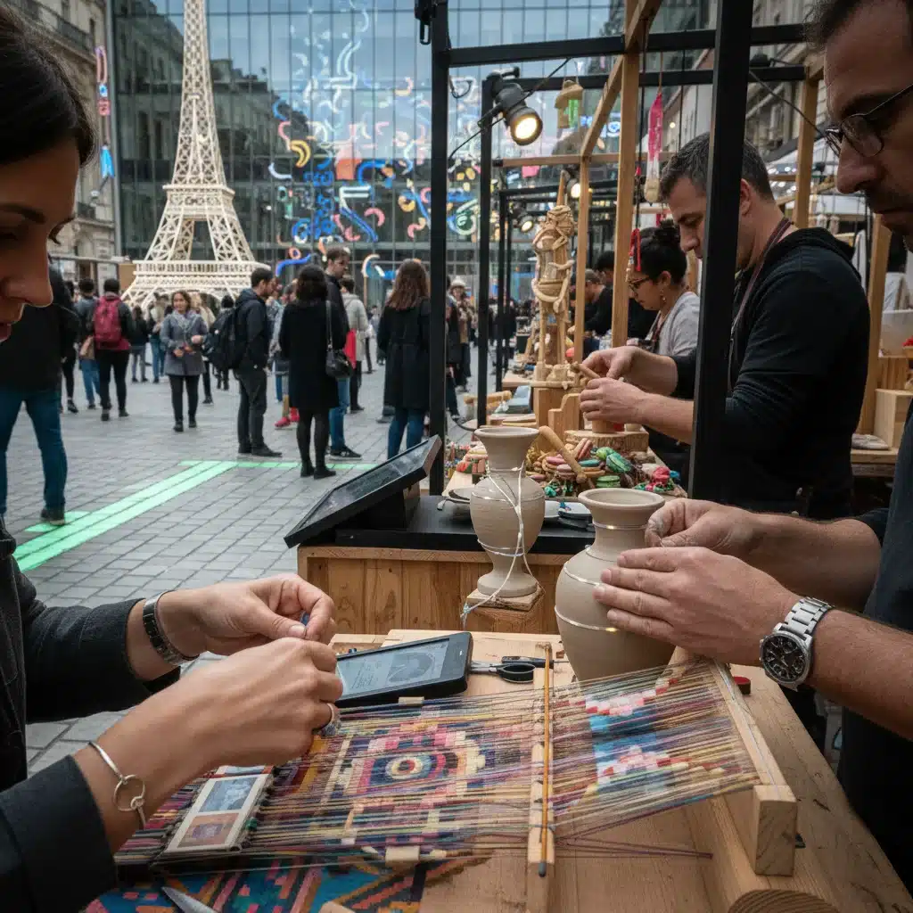Artisans présentant des créations artisanales traditionnelles avec une touche moderne lors d'une fête locale.