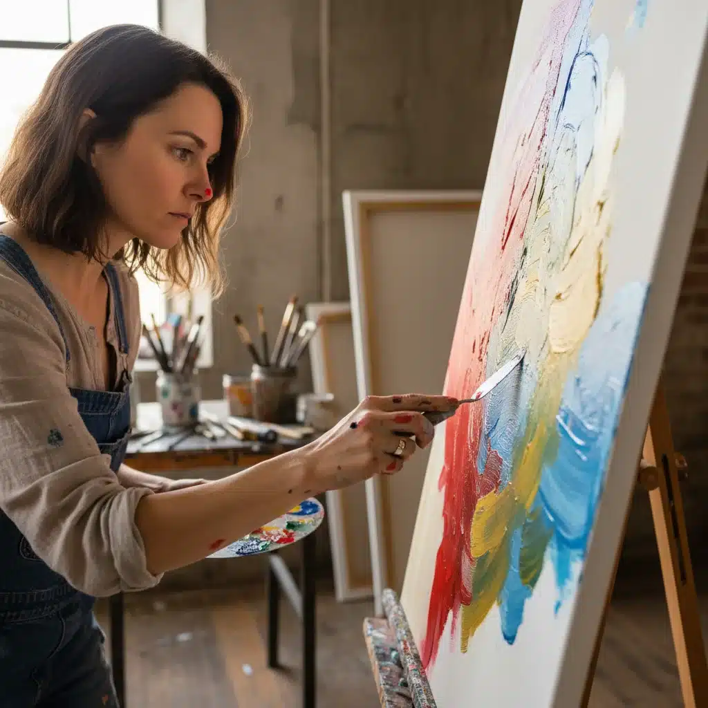 Artiste femme créant une œuvre contemporaine dans son atelier, symbolisant la persévérance.