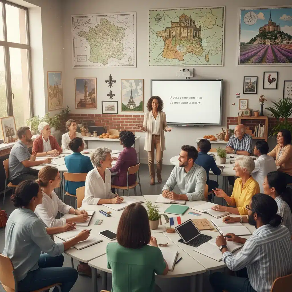 Adultes de diverses origines participant à un atelier de langue et culture française, favorisant l'apprentissage et l'échange.