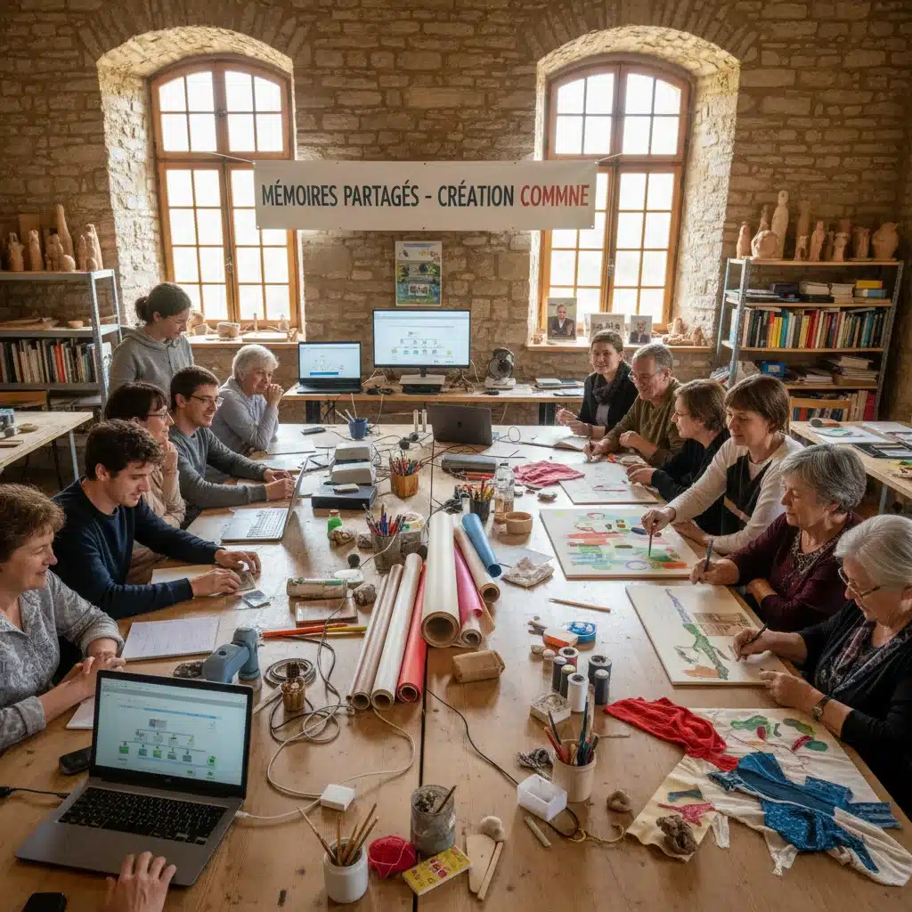 Atelier communautaire intergénérationnel en France créant une archive numérique et une œuvre mémorielle collective.
