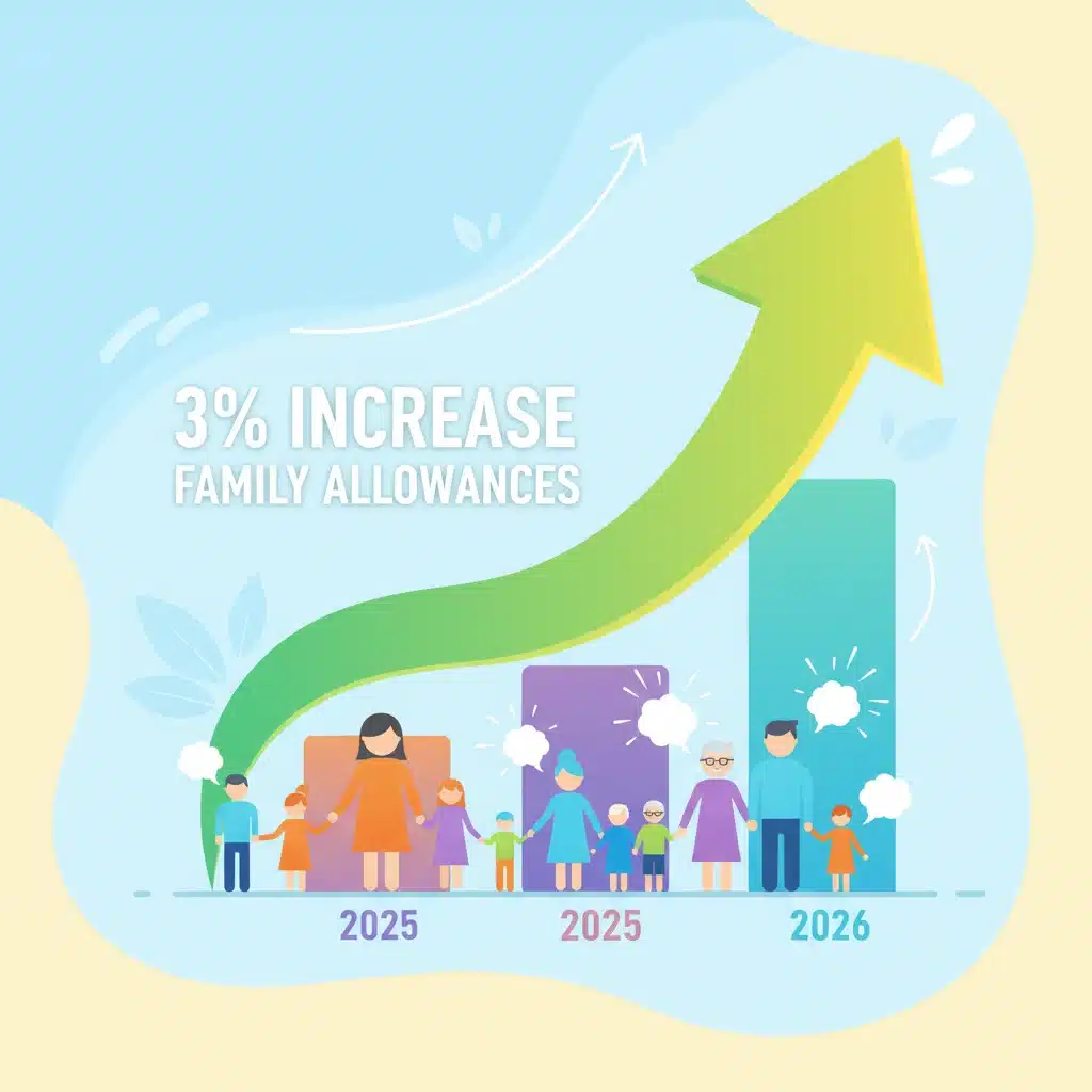 Graphique illustrant une flèche montante de 3%, symbolisant l'augmentation des allocations familiales en 2026.