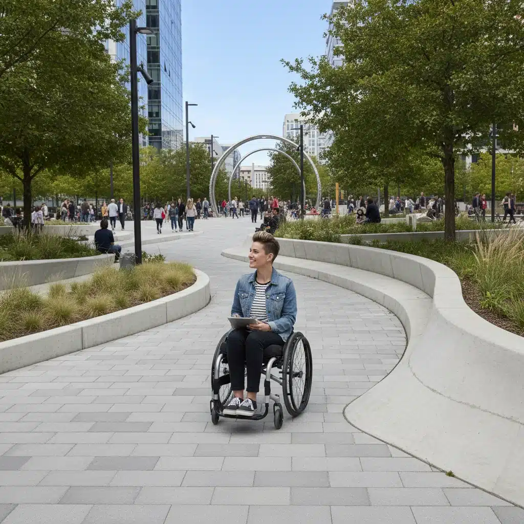 Personne en fauteuil roulant dans un environnement urbain accessible, symbolisant l'autonomie.