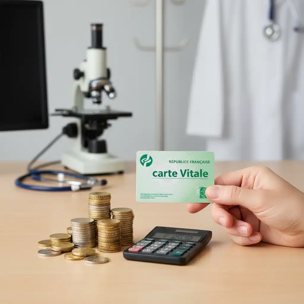 Main tenant une Carte Vitale avec des pièces de monnaie et une calculatrice, représentant les économies et avantages financiers de la CSS.