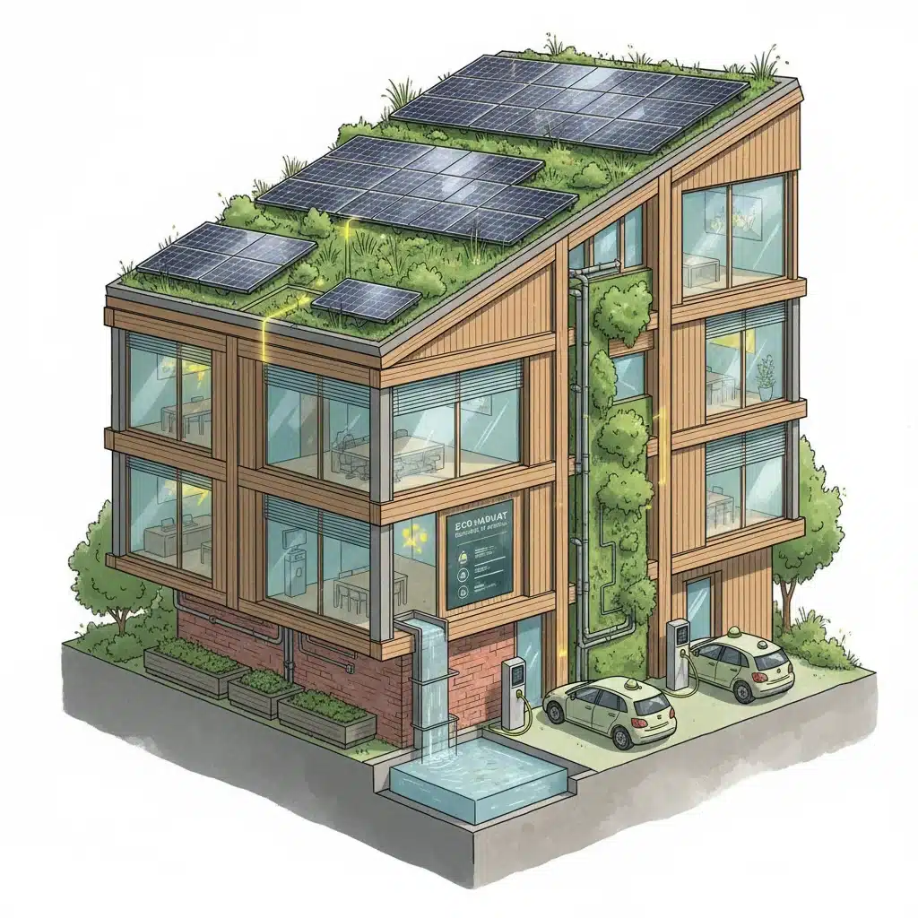Bâtiment durable et économe en énergie avec technologies vertes