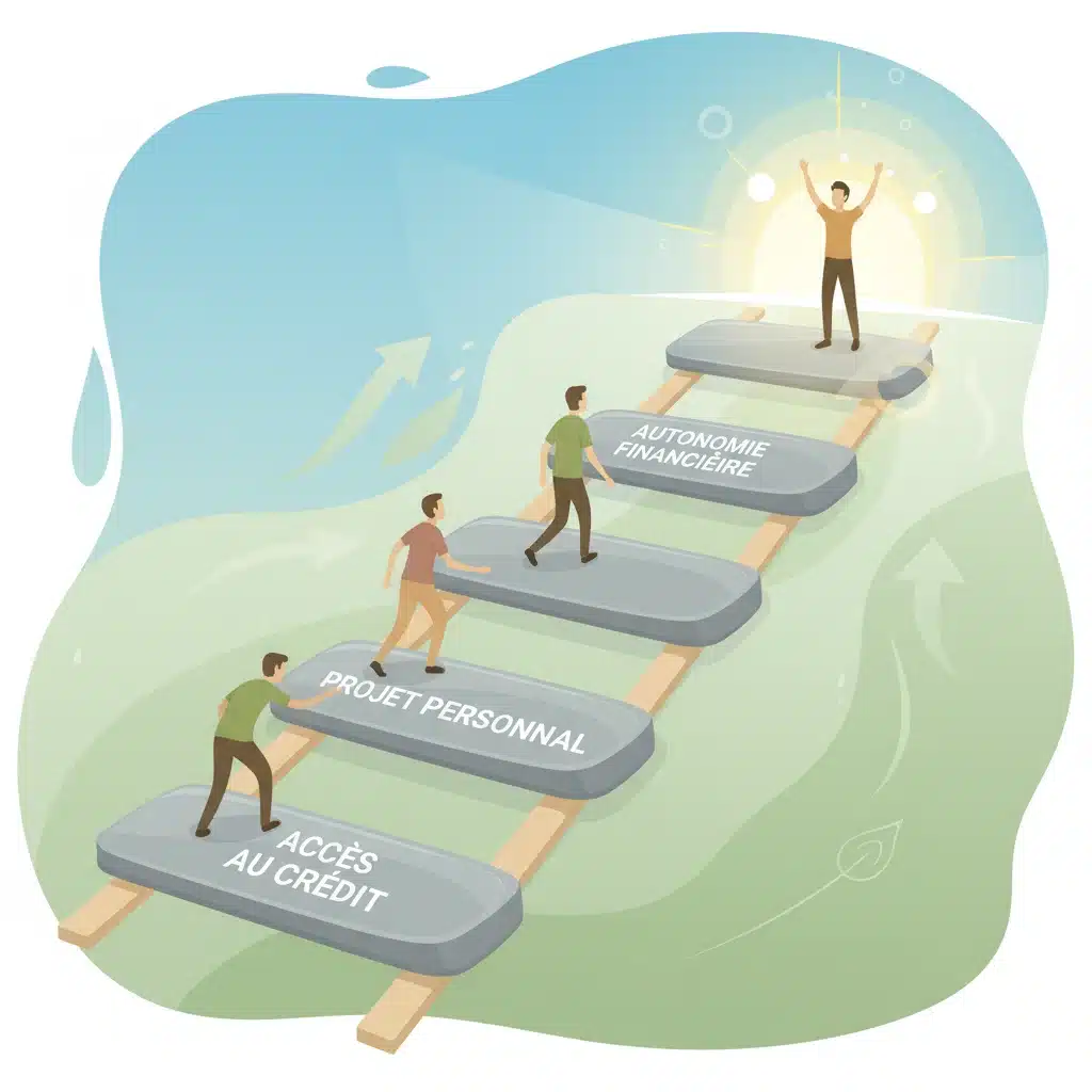 Illustration des étapes et bénéfices de l'accès au microcrédit pour l'autonomie financière.