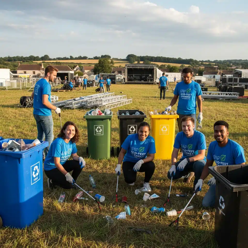 Bénévoles souriants participant au nettoyage et au tri des déchets sur un site de festival en France, promouvant la durabilité.
