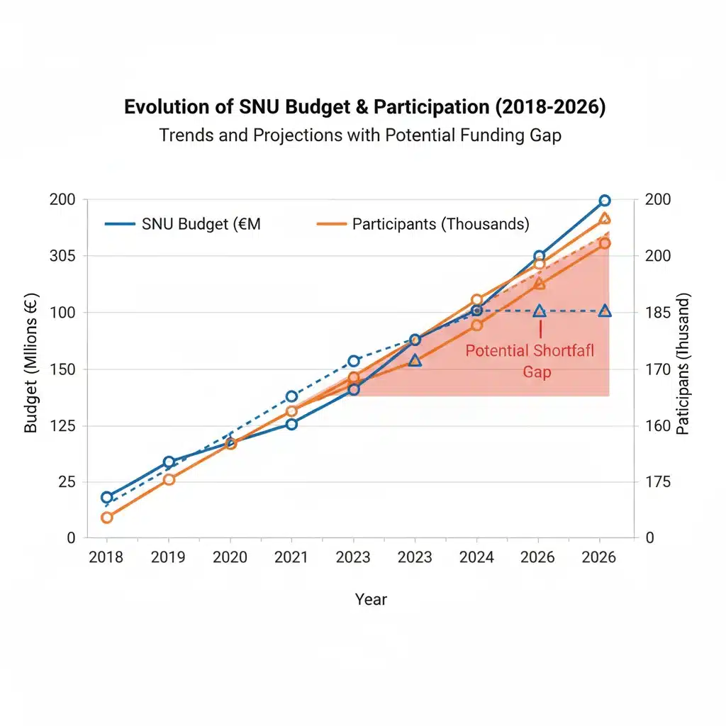 Graphique illustrant l'évolution du budget et de la participation au SNU jusqu'en 2026.