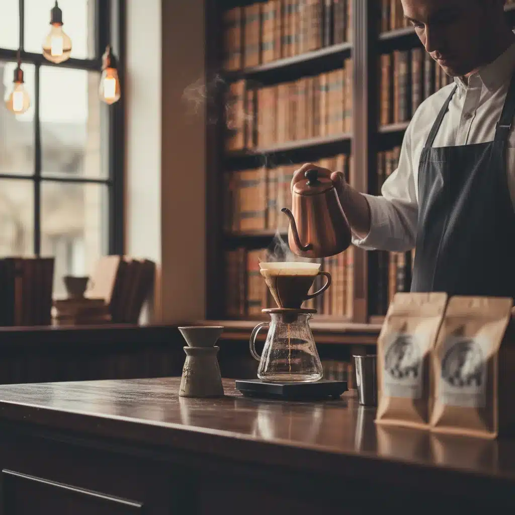 Barista préparant un café artisanal de qualité, avec des livres anciens en arrière-plan, symbolisant la fusion de la culture du café et de la littérature.