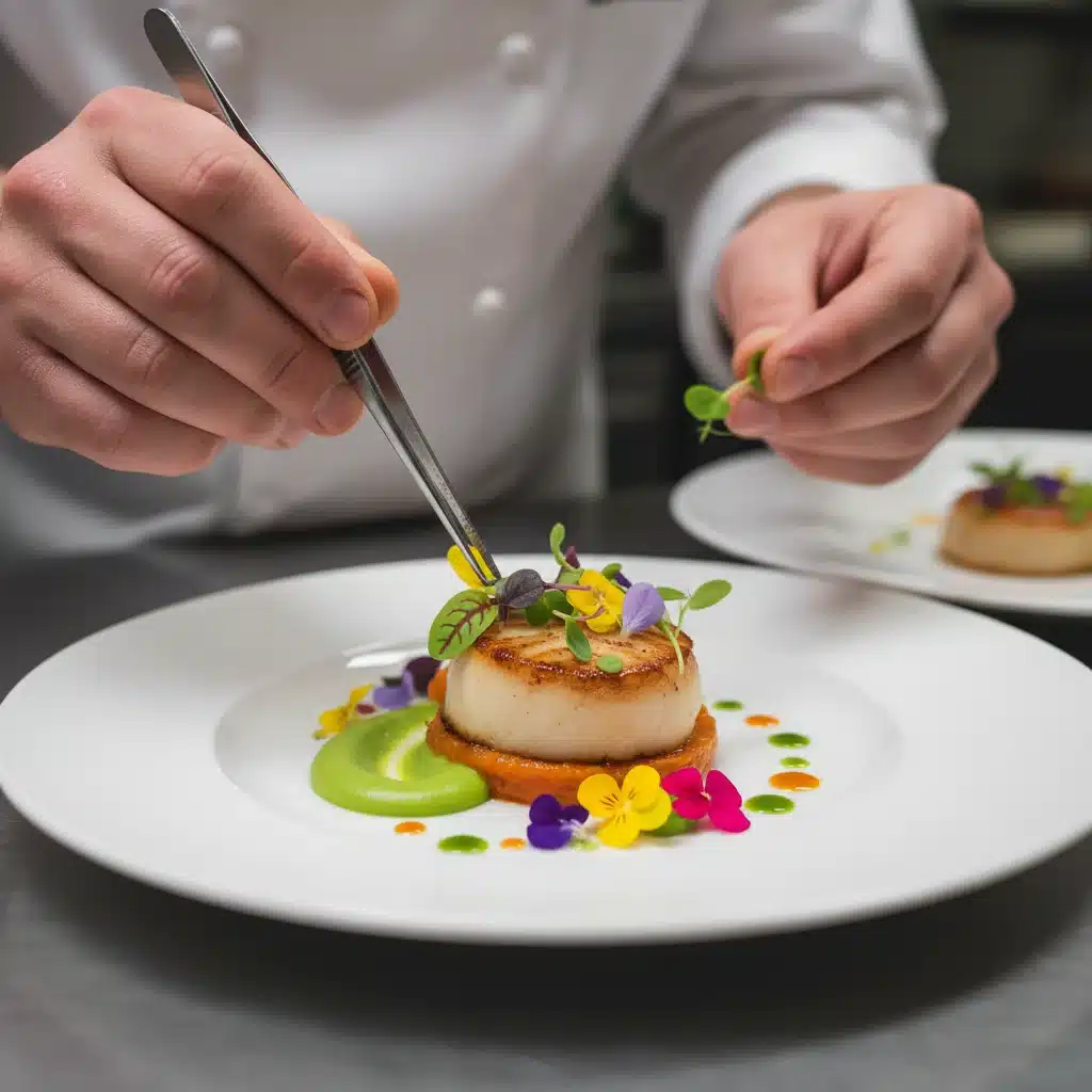 Main de chef décorant un plat avec des micro-herbes et fleurs comestibles