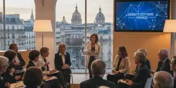 Citoyens français participant activement à un débat public sur les enjeux sociétaux de 2026.