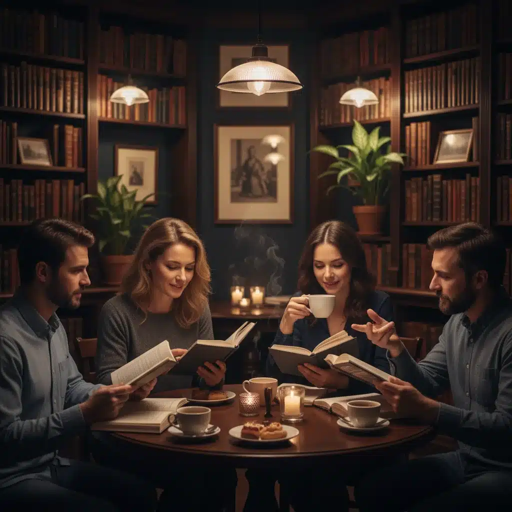 Groupe de lecture discutant passionnément dans un café littéraire élégant et intimiste, avec une ambiance chaleureuse.
