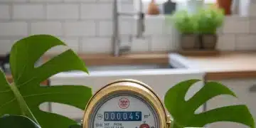 Compteur d'eau affichant une faible consommation avec des feuilles vertes, symbolisant les économies d'eau en France.