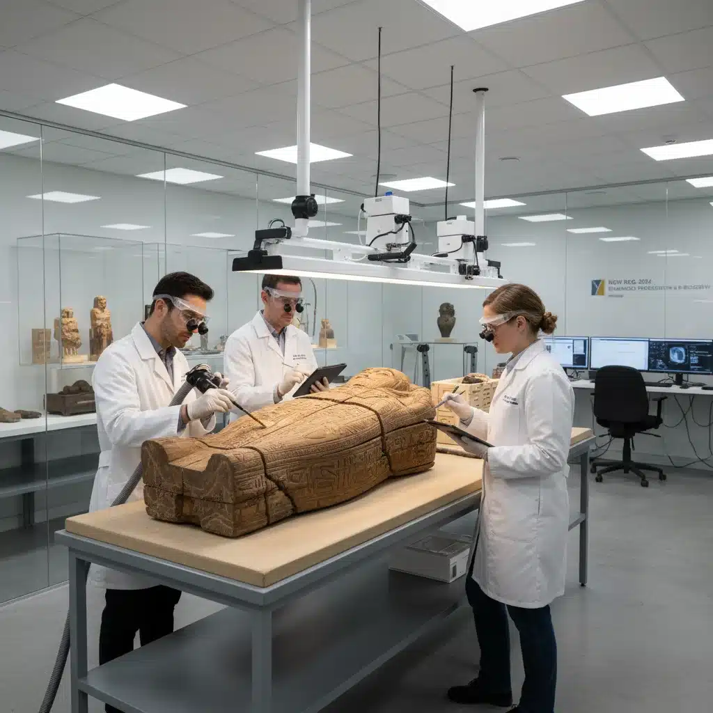 Conservateurs examinant un artefact ancien en laboratoire, symbole de nouvelles normes de conservation.