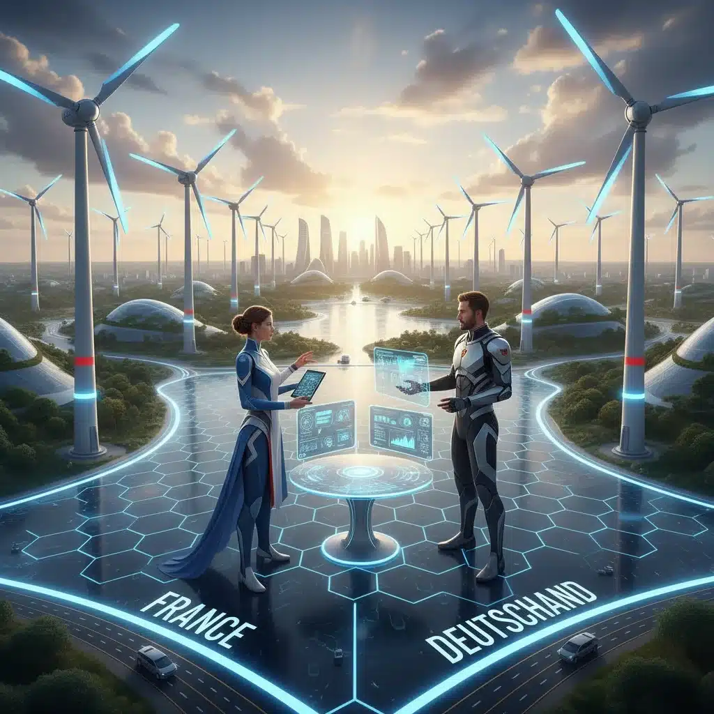 Parc éolien futuriste à la frontière franco-allemande, symbolisant les défis énergétiques