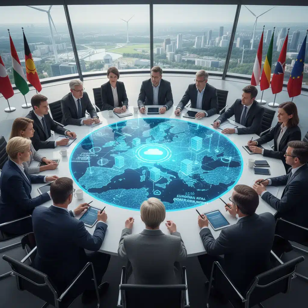Experts et décideurs européens collaborant autour d'une projection holographique, illustrant les stratégies pour l'indépendance technologique et la coopération face aux géants du numérique.