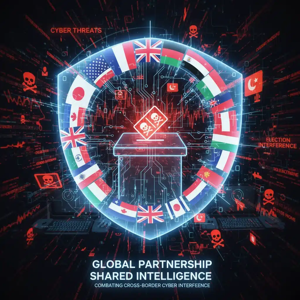 Coopération internationale contre les cybermenaces électorales, symbolisant le partage de renseignements.