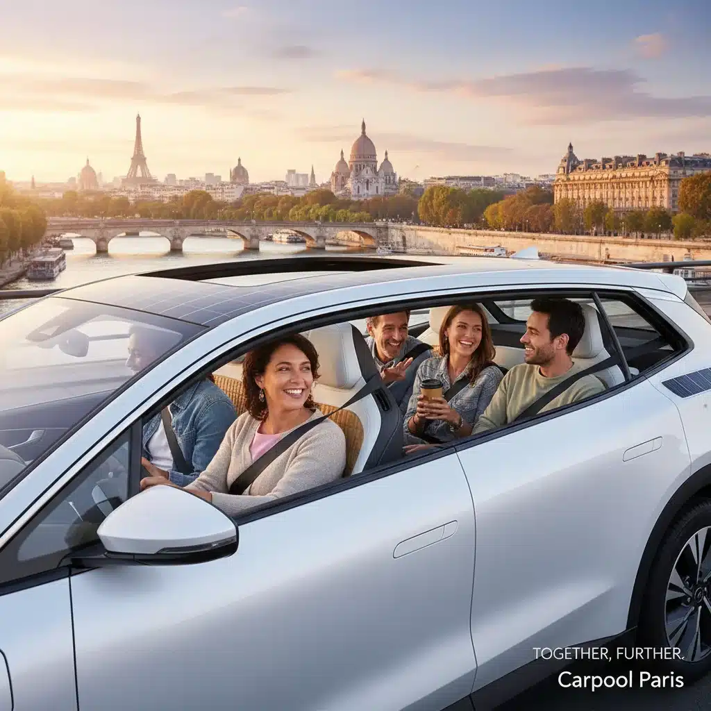 Des personnes souriantes faisant du covoiturage dans une voiture moderne, symbole d'économies et de convivialité.