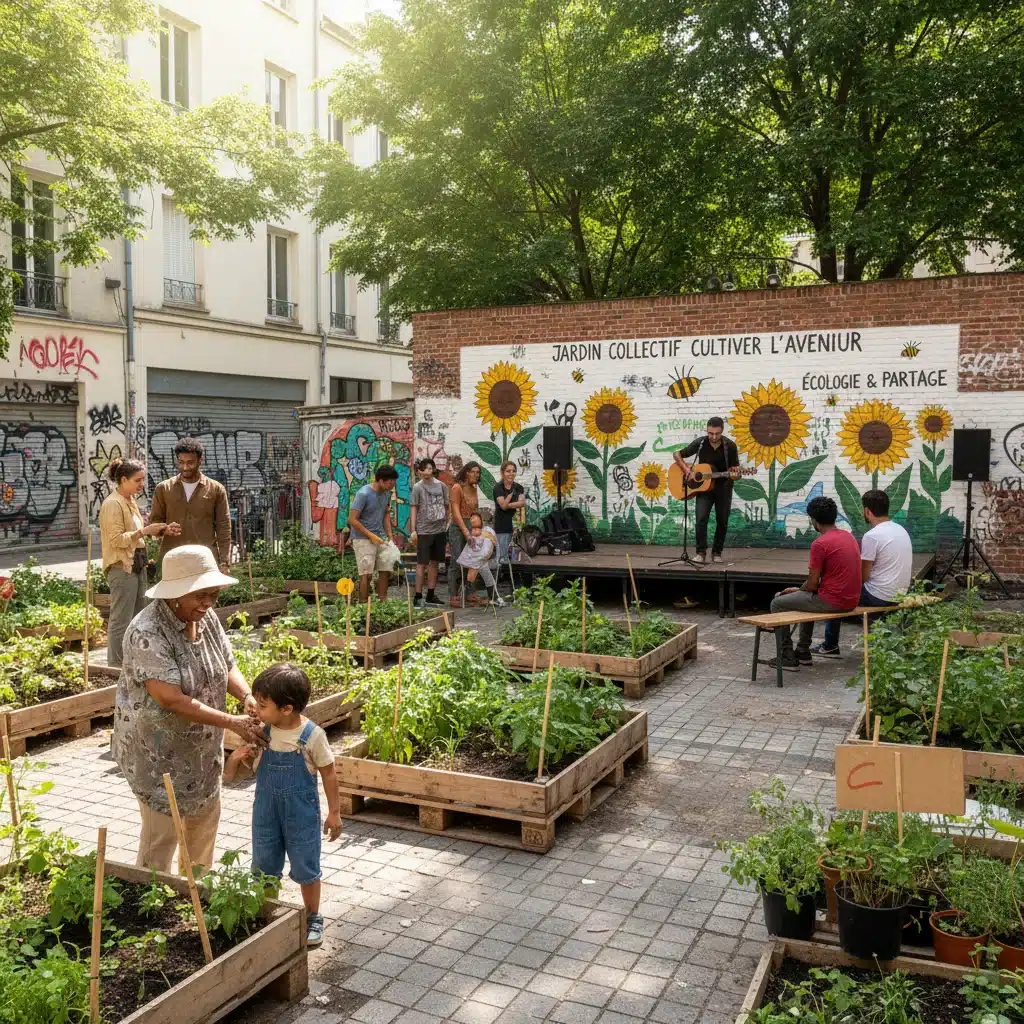 Jardin communautaire urbain français, symbole de l'engagement écologique et de la culture participative.