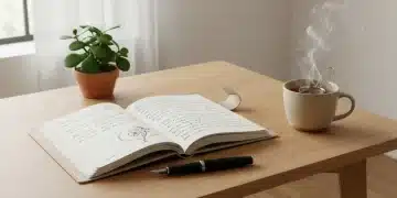 Open journal with pen and tea, symbolizing daily journaling for clarity and self-reflection.