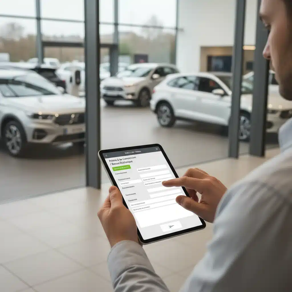 Personne remplissant un formulaire de demande de bonus écologique sur une tablette.