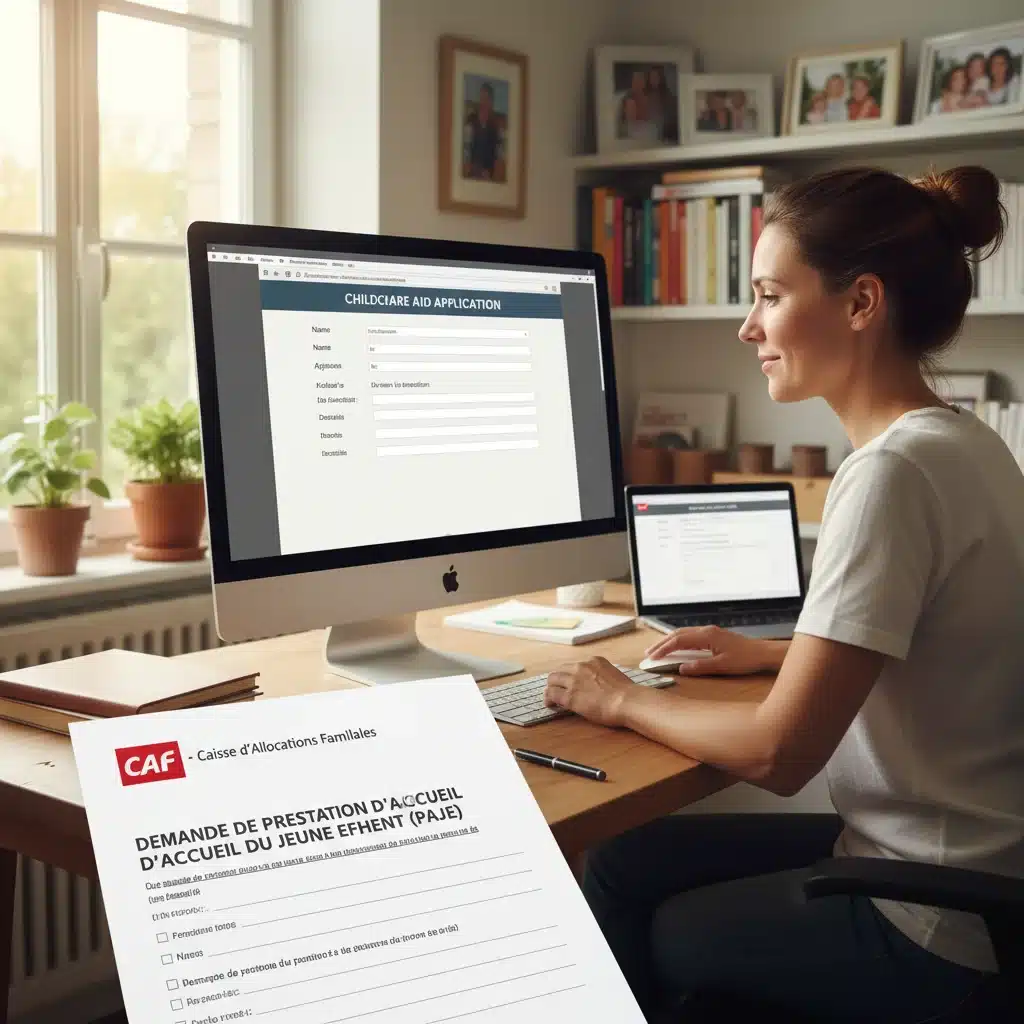 Parent remplissant une demande en ligne pour le CMG sur l'ordinateur, démarche CAF simplifiée.