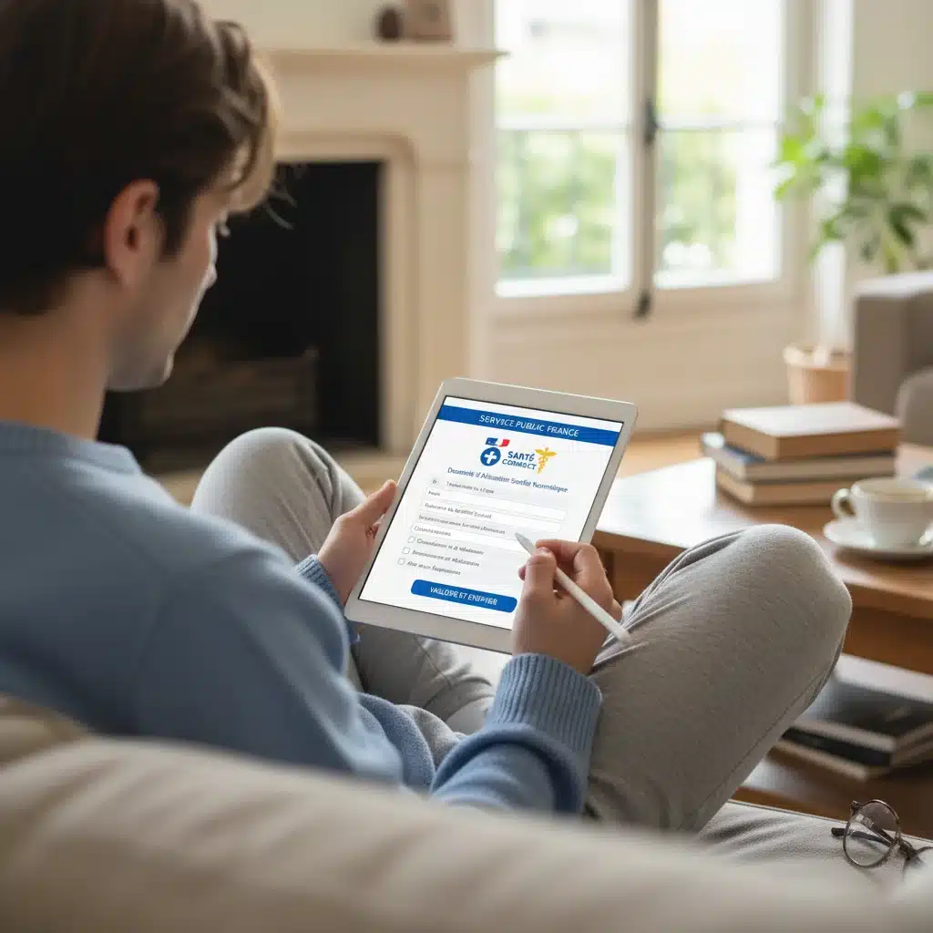 Personne remplissant un formulaire en ligne pour la Complémentaire Santé Solidaire, illustrant la simplicité des démarches administratives.