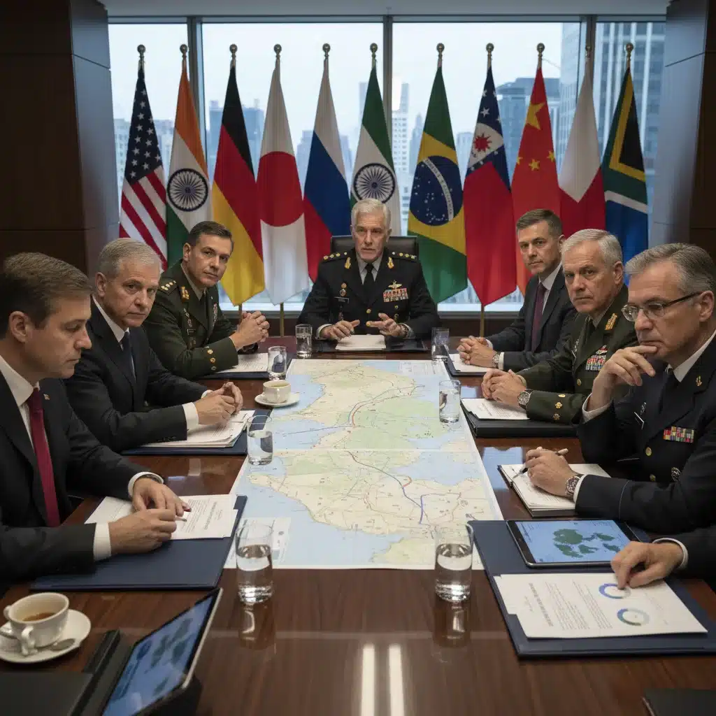 Diplomates et chefs militaires discutant des implications géopolitiques du budget défense 2026