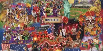 Collage of diverse American cultural celebrations and historical symbols.